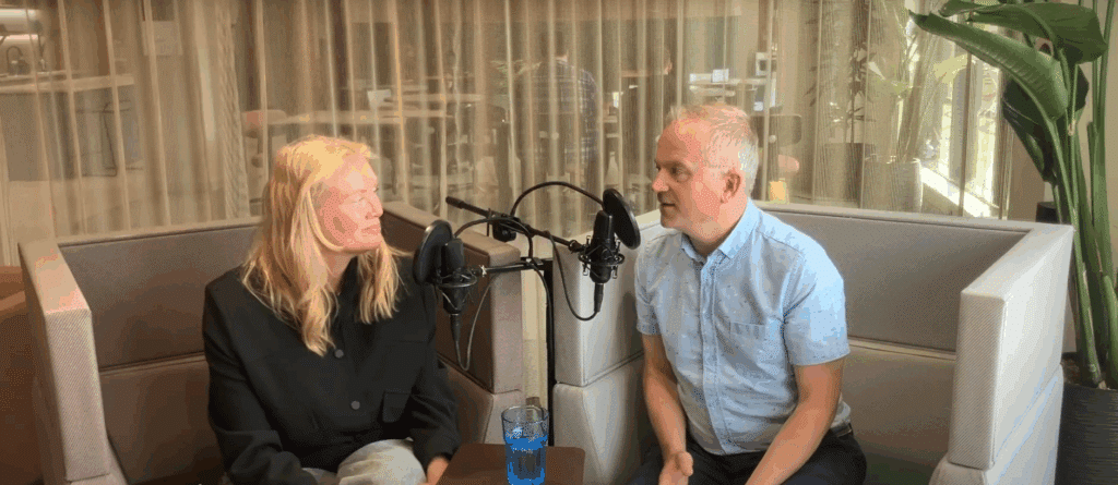 Rob and Naomi Timperley (Innovation Director) recording the Casual Collisions podcast, discussing casual collisions and meaningful networking.
