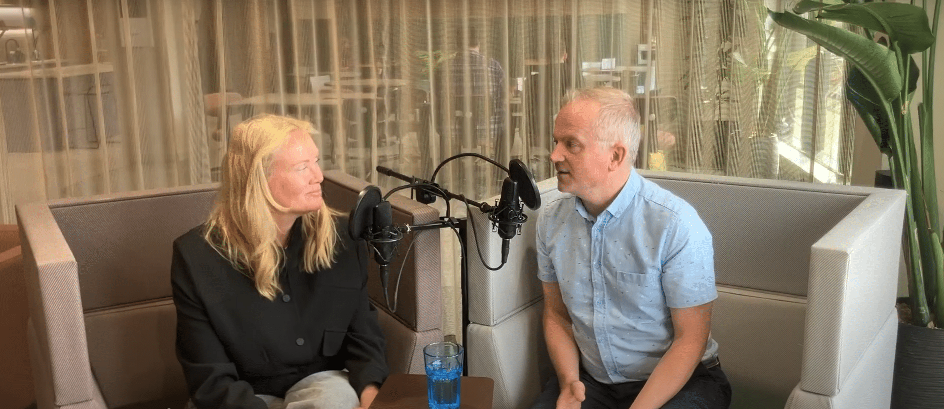 Rob and Naomi Timperley (Innovation Director) recording the Casual Collisions podcast, discussing casual collisions and meaningful networking.