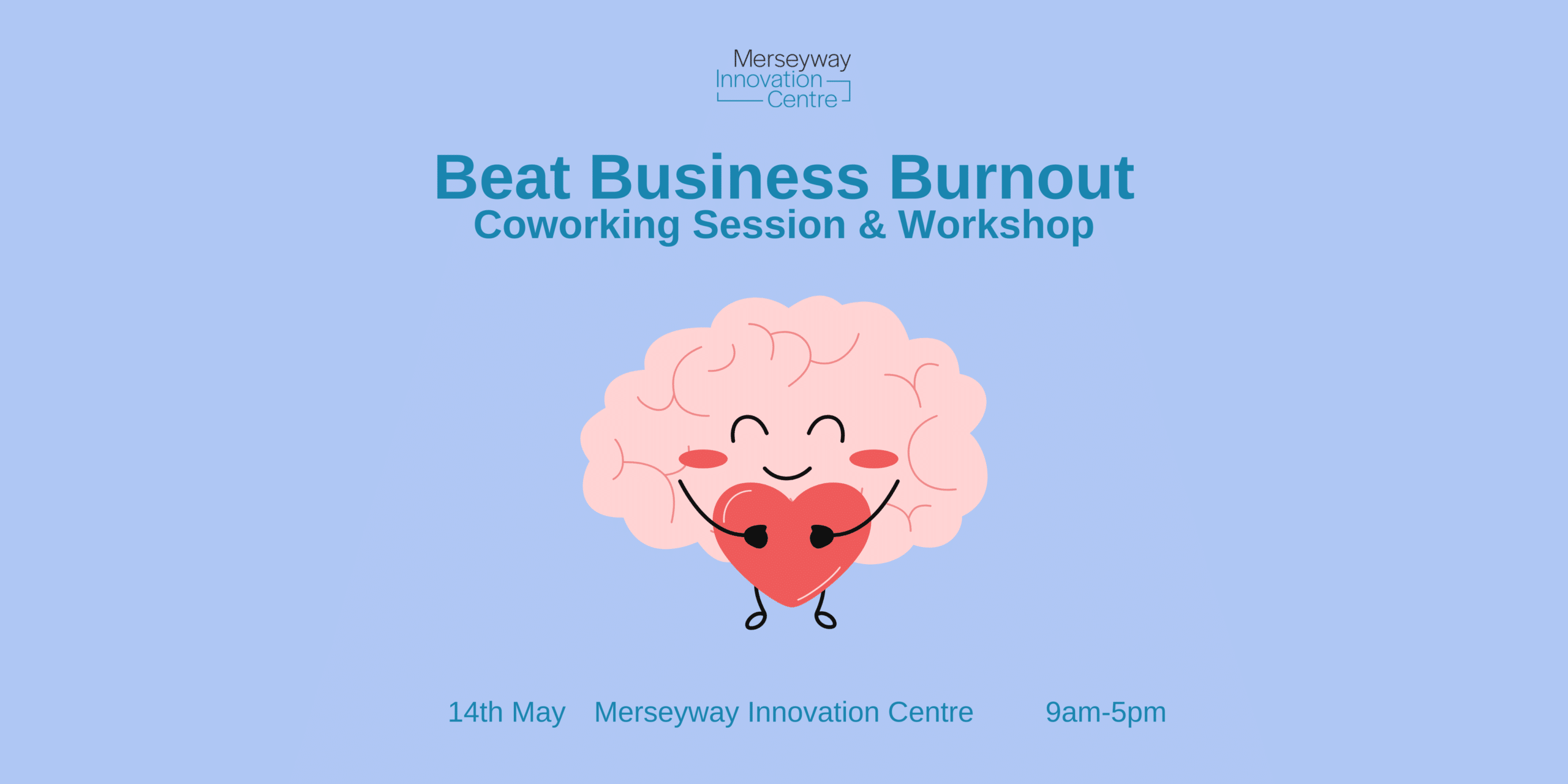 Text saying: 'Beat Business Burnout: Coworking Session & Workshop' above an image of a brain hugging a love heart on a purple background.